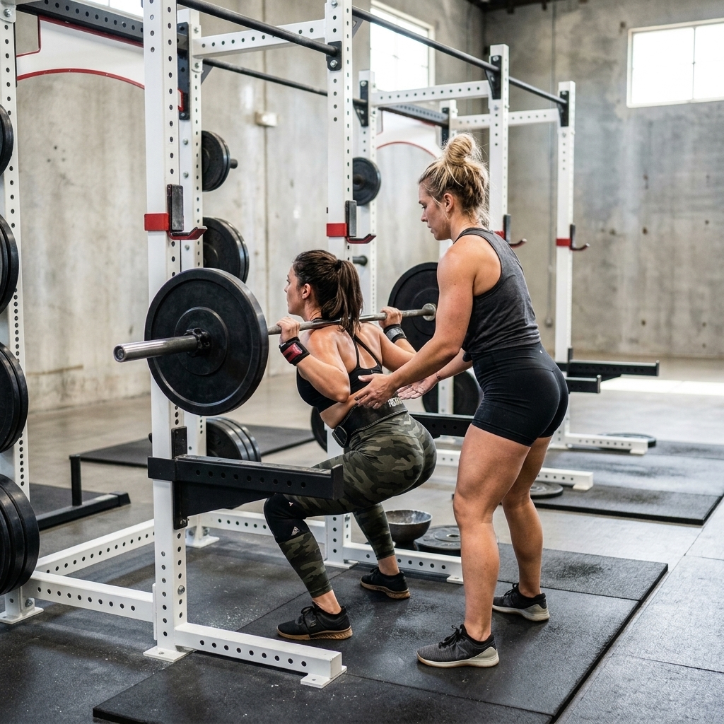 Two women strength training on a lifting rig, one lifting, one spotting